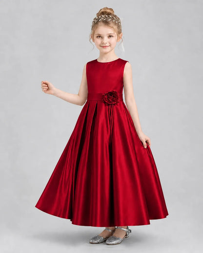 Burgundy Satin Pleated Girls Formal Dresses