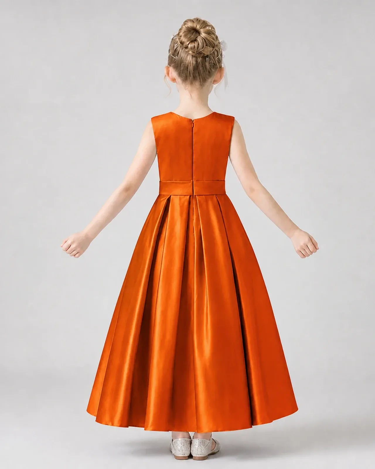 Burnt Orange Satin Pleated A-Line Girls Formal Dresses Back View