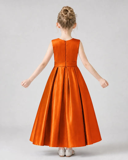 Burnt Orange Satin Pleated A-Line Girls Formal Dresses Back View