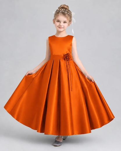 Burnt Orange Satin A-Line Girls Formal Dresses Front View