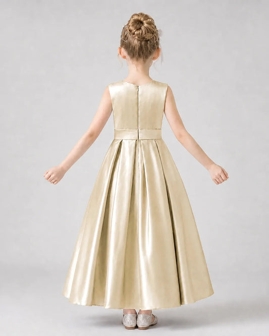 Champagne Satin Pleated A-Line Girls Formal Dresses Back View