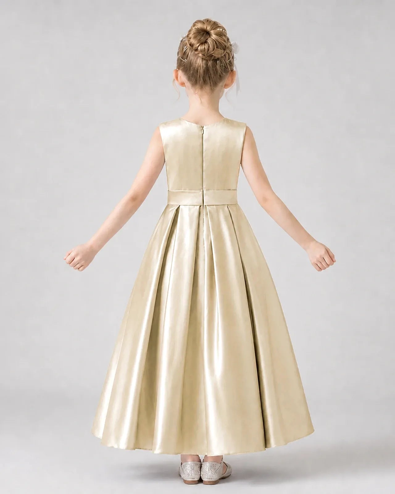 Champagne Satin Pleated A-Line Girls Formal Dresses Back View