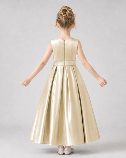 Champagne Satin Pleated A-Line Girls Formal Dresses Back View