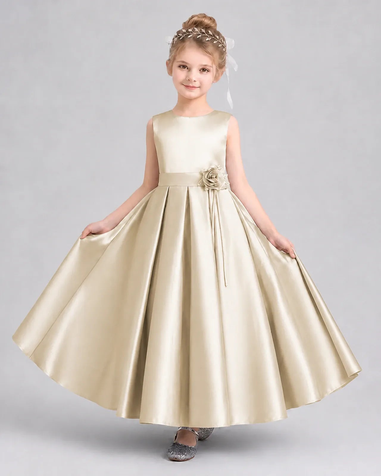 Champagne Satin A-Line Girls Formal Dresses Front View