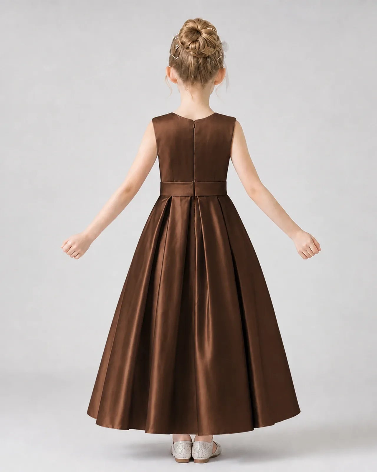 Chocolate Satin A-Line Girls Formal Dresses Back View