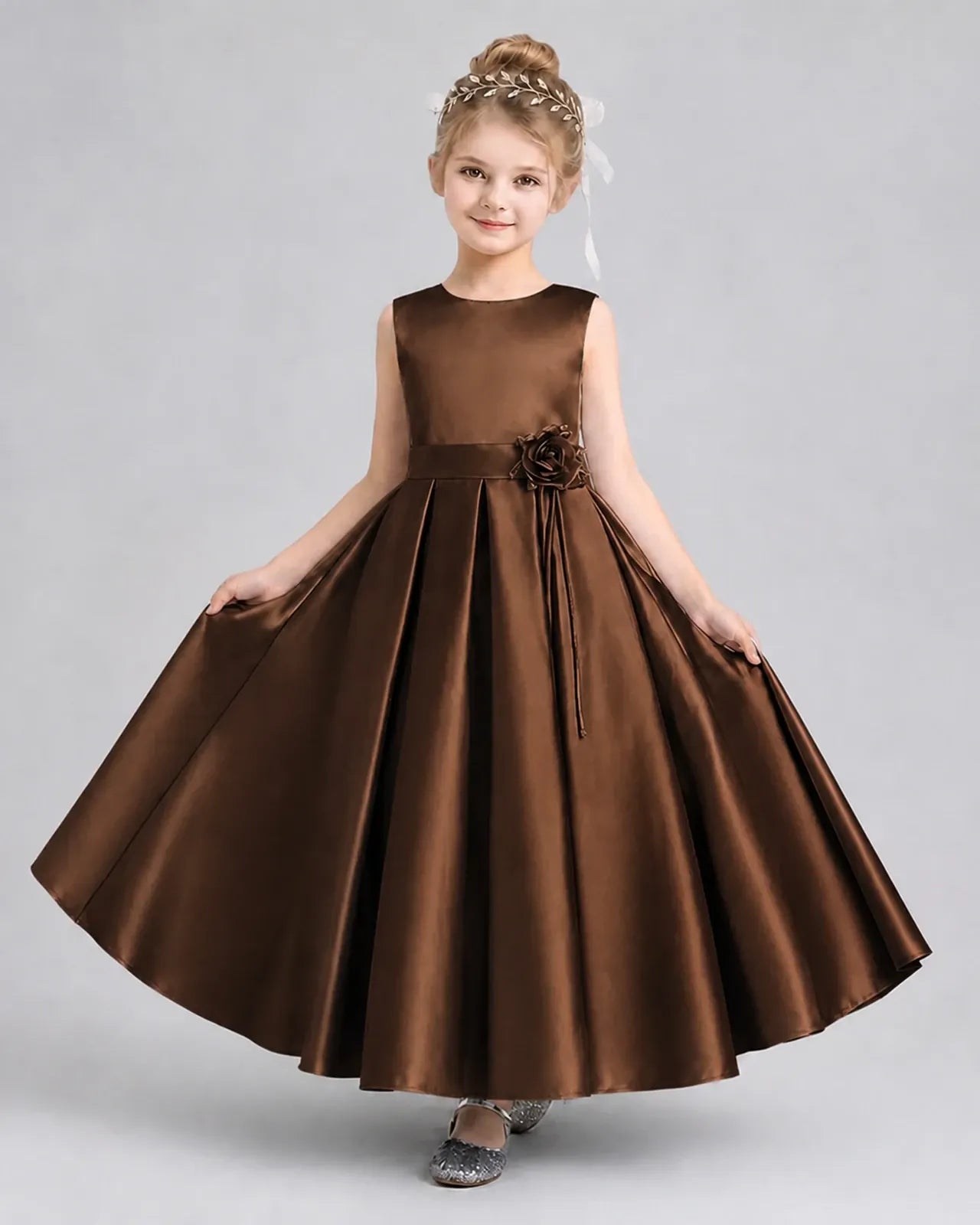 Chocolate Satin A-Line Girls Formal Dresses Front View