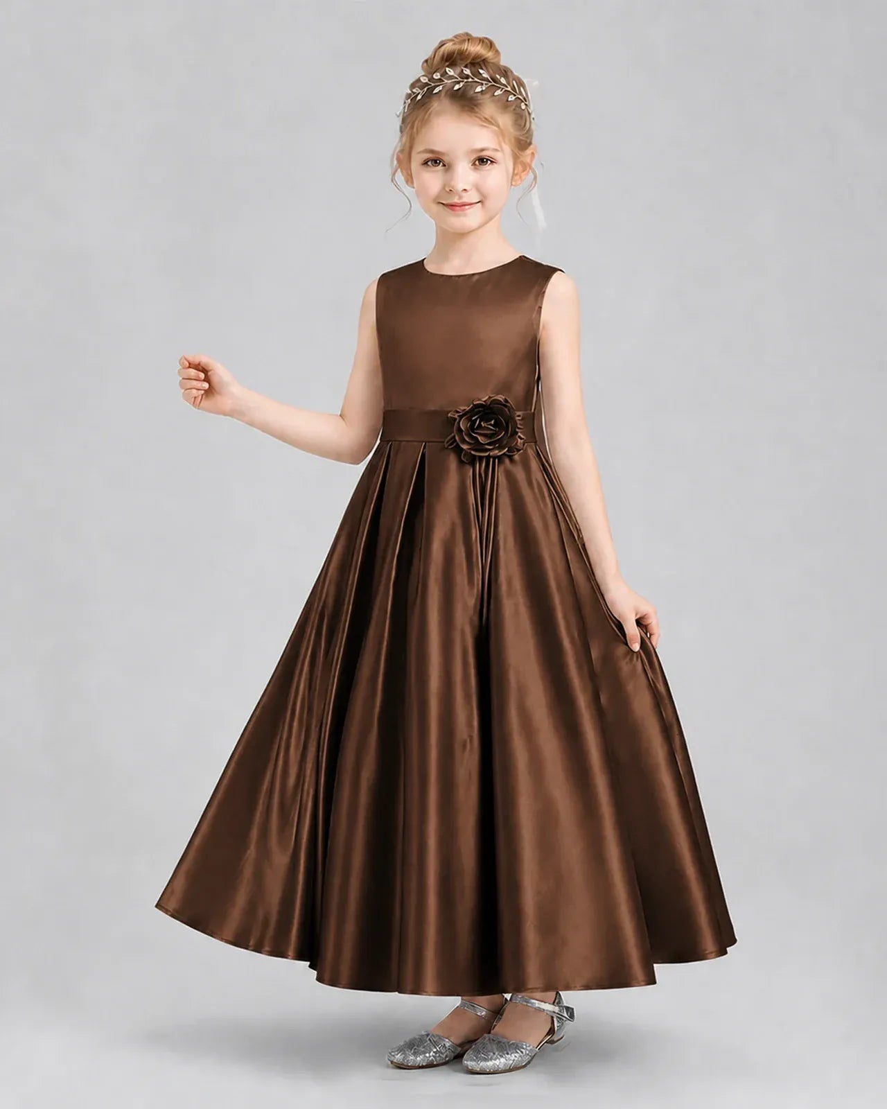 Chocolate Satin A-Line Girls Formal Dresses