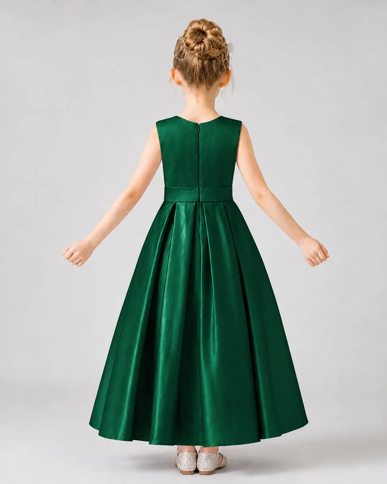 Dark Green Satin A-Line Girls Formal Dresses Back View