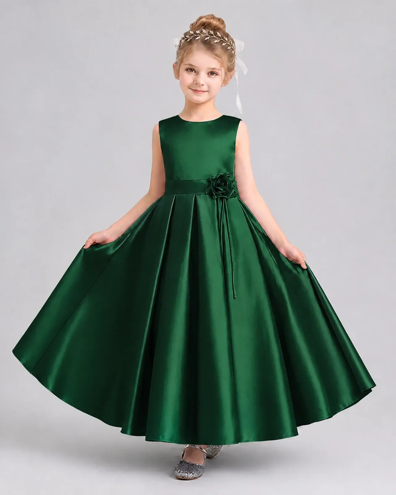 Dark Green Satin A-Line Girls Formal Dresses Front View