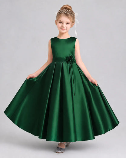 Dark Green Satin A-Line Girls Formal Dresses Front View