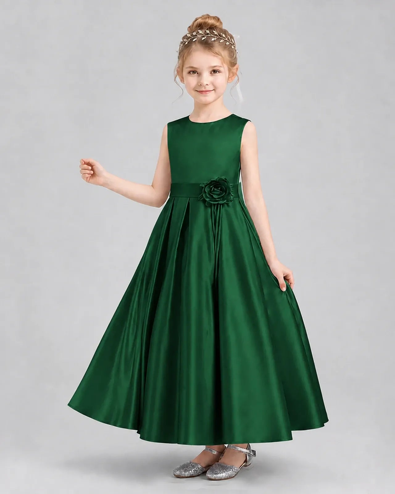 Dark Green Satin A-Line Girls Formal Dresses