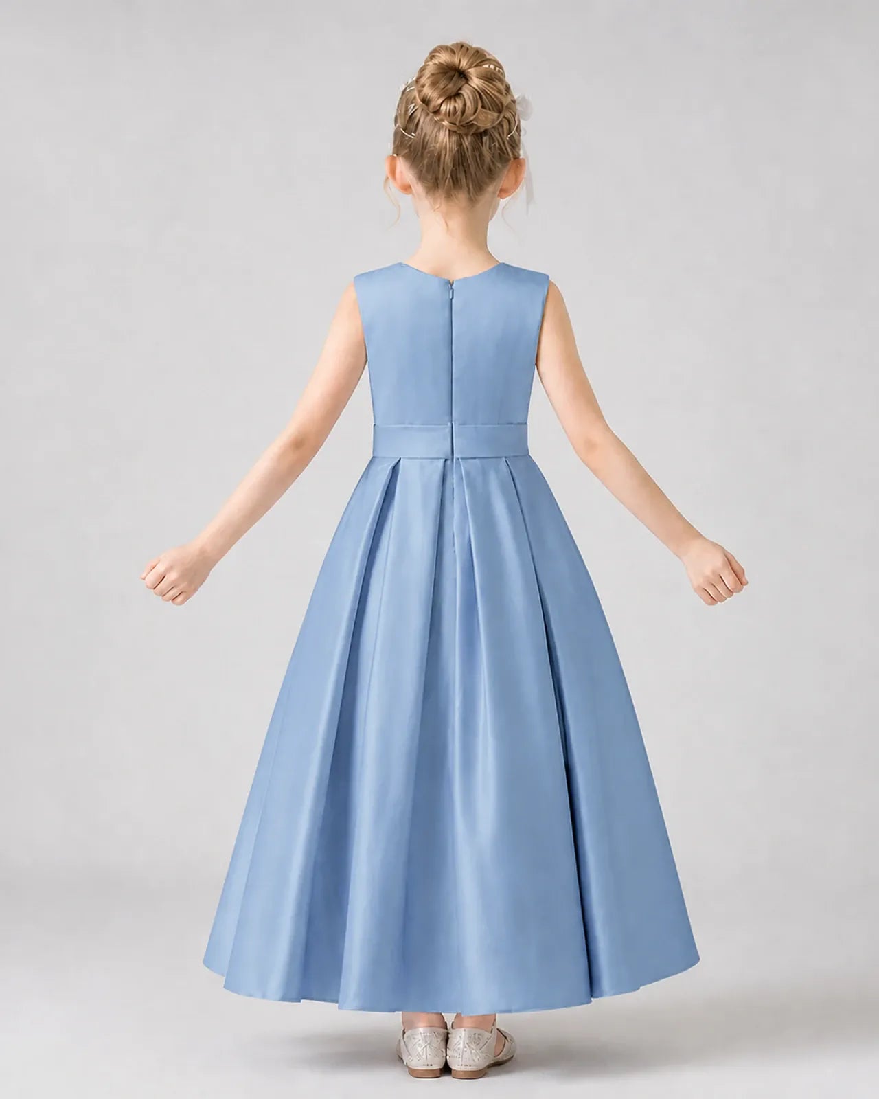 Dusty Blue Satin Pleated Girls Formal Dresses Back View