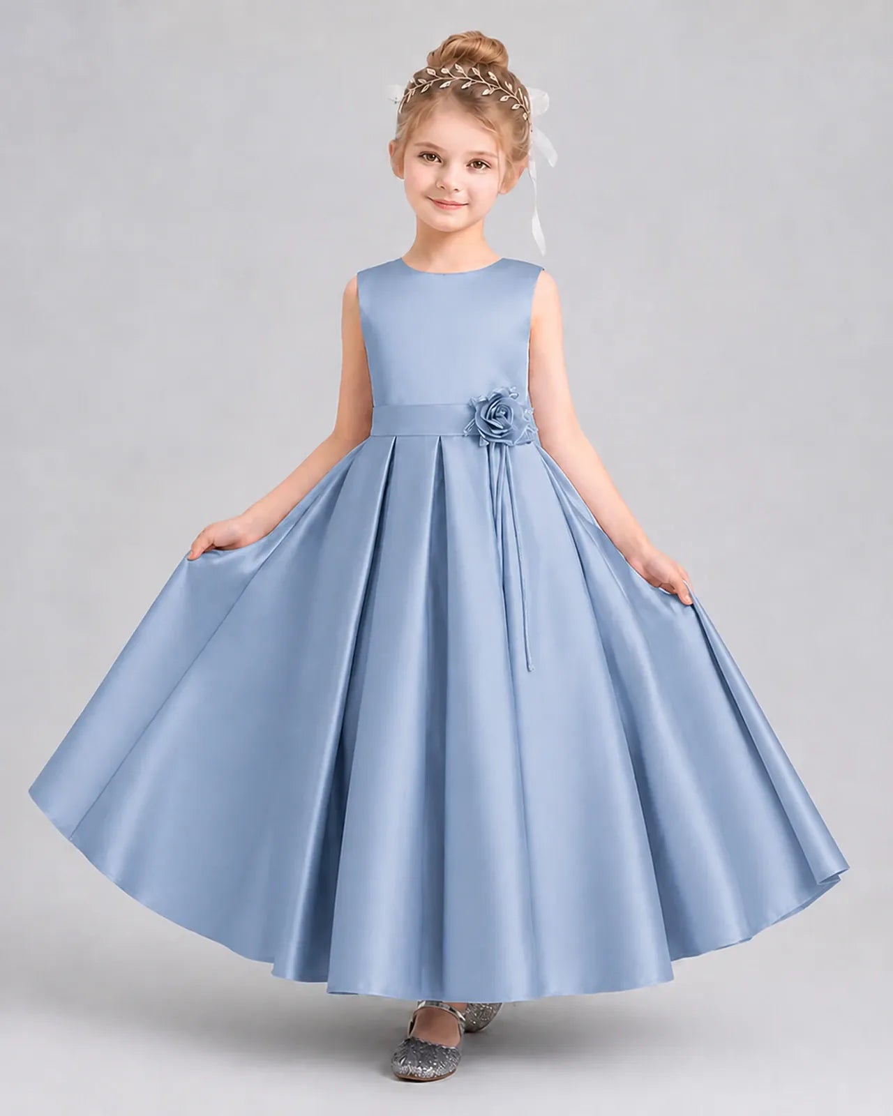 Dusty Blue Satin Pleated A-Line Girls Formal Dresses Front View