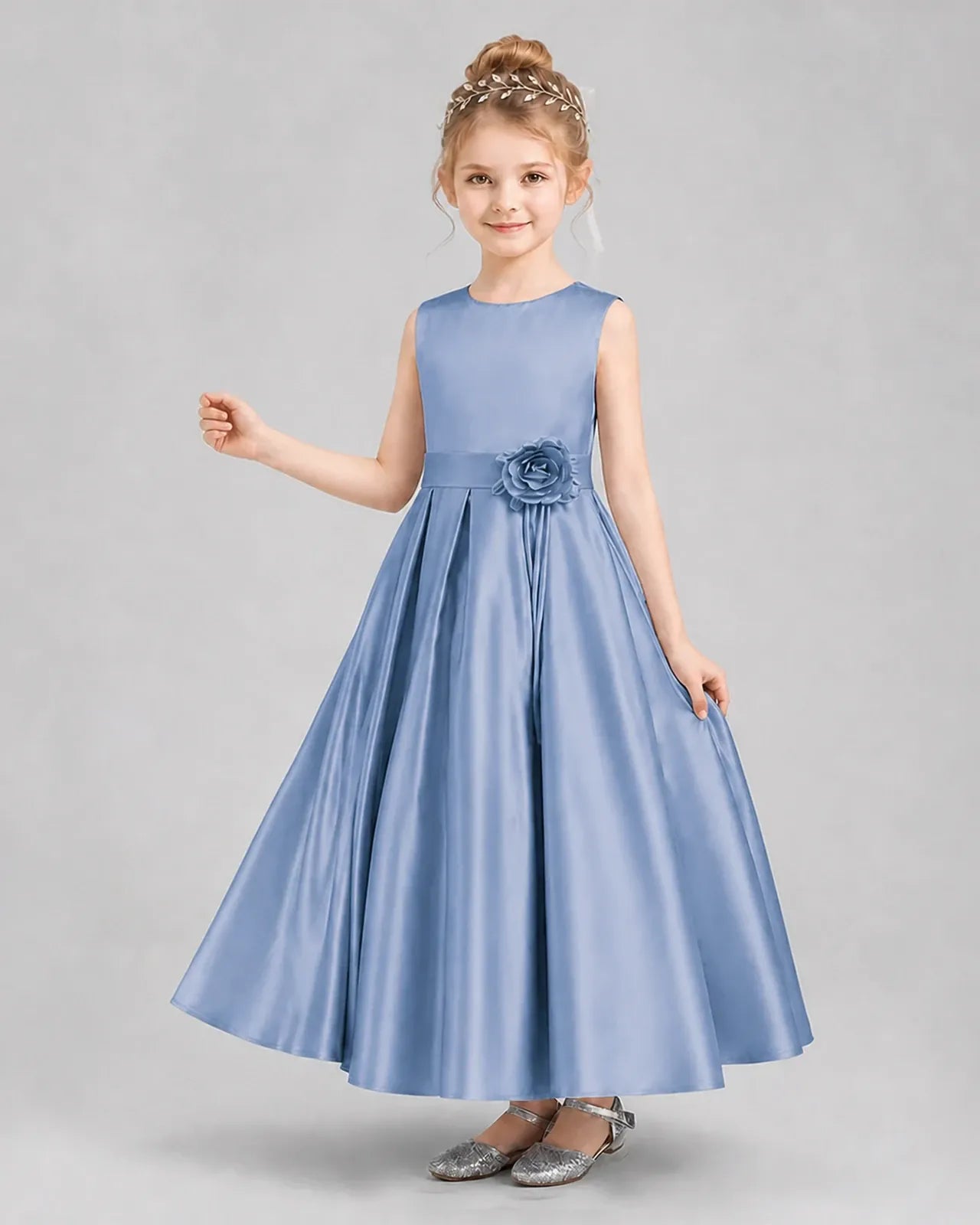 Dusty Blue Satin Pleated A-Line Girls Formal Dresses