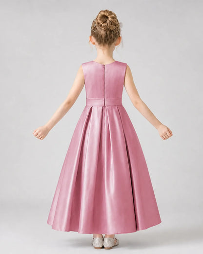 Dusty Rose Satin Pleated Girls Formal Dresses Back View