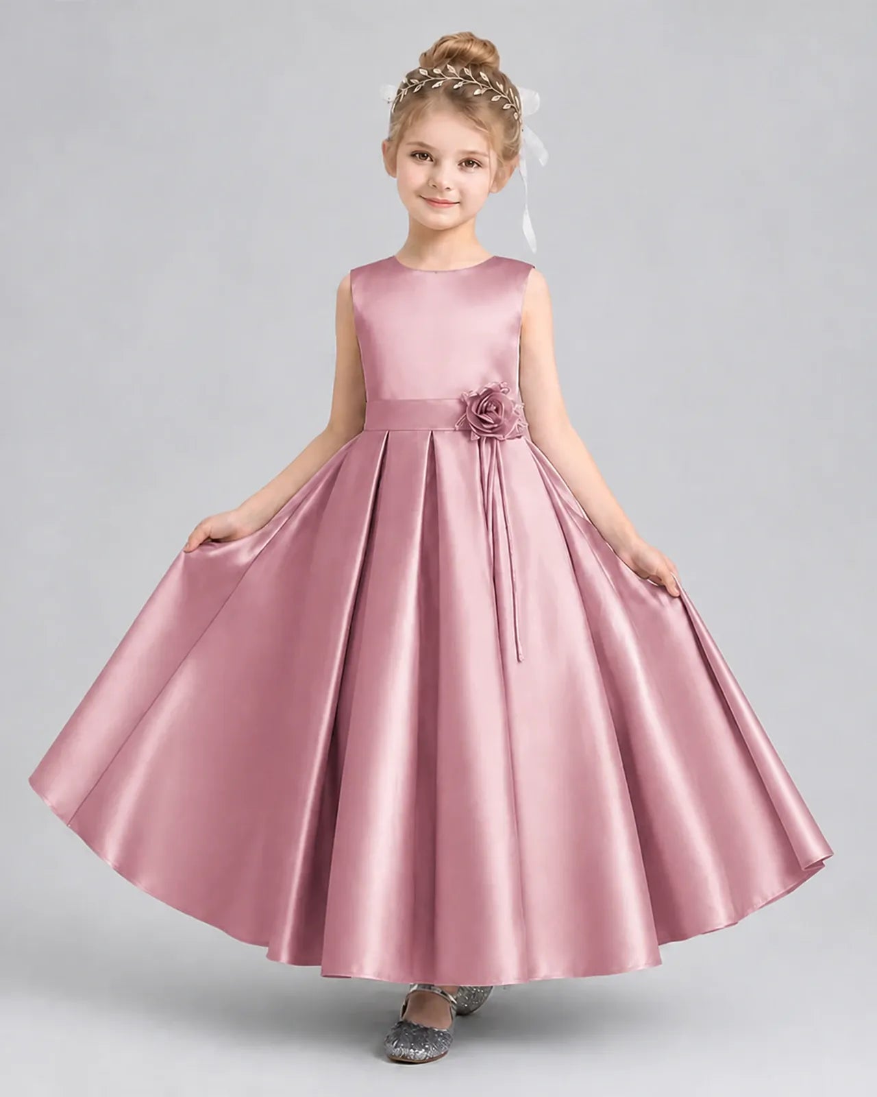 Dusty Rose Satin Pleated Girls Formal Dresses Front View