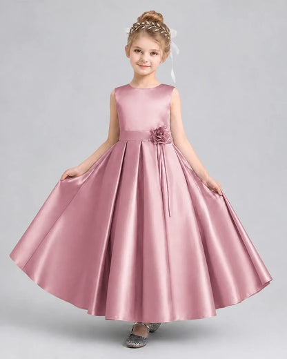 Dusty Rose Satin Pleated Girls Formal Dresses Front View