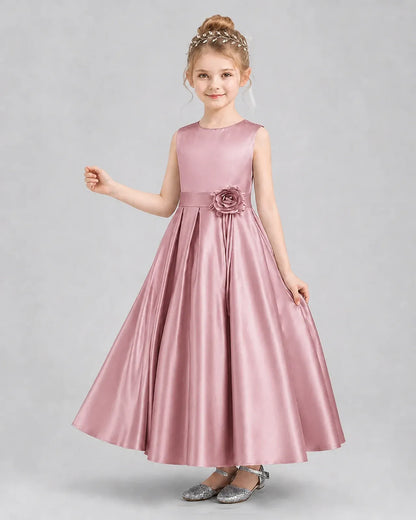 Dusty Rose Satin Pleated A-Line Girls Formal Dresses