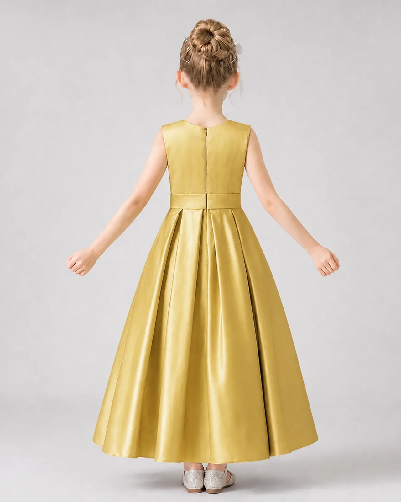 Gold Satin A-Line Girls Formal Dresses Back View