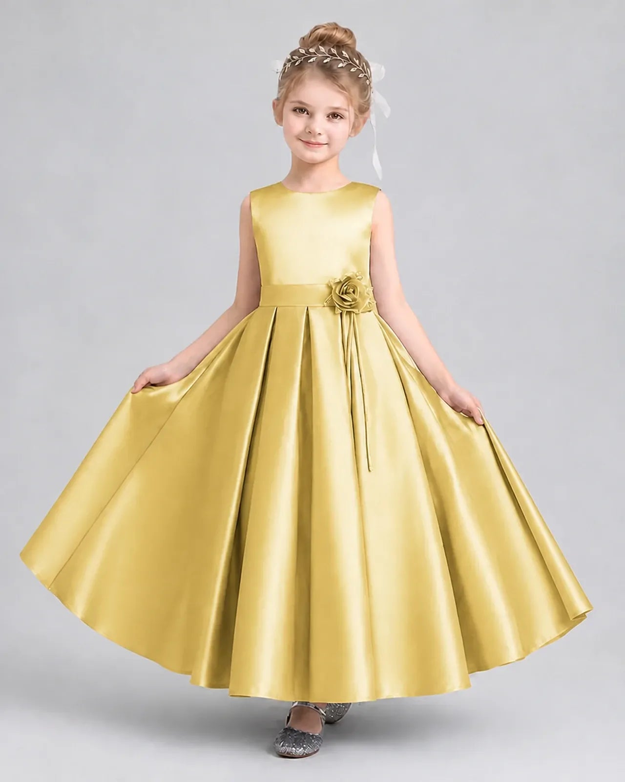 Gold Satin A-Line Girls Formal Dresses Front View
