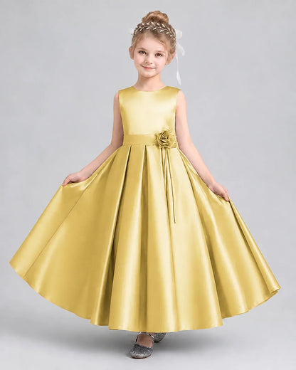 Gold Satin A-Line Girls Formal Dresses Front View