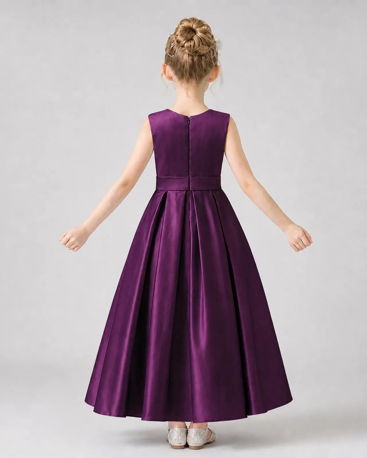 Grape Satin Pleated Girls Formal Dresses Back View