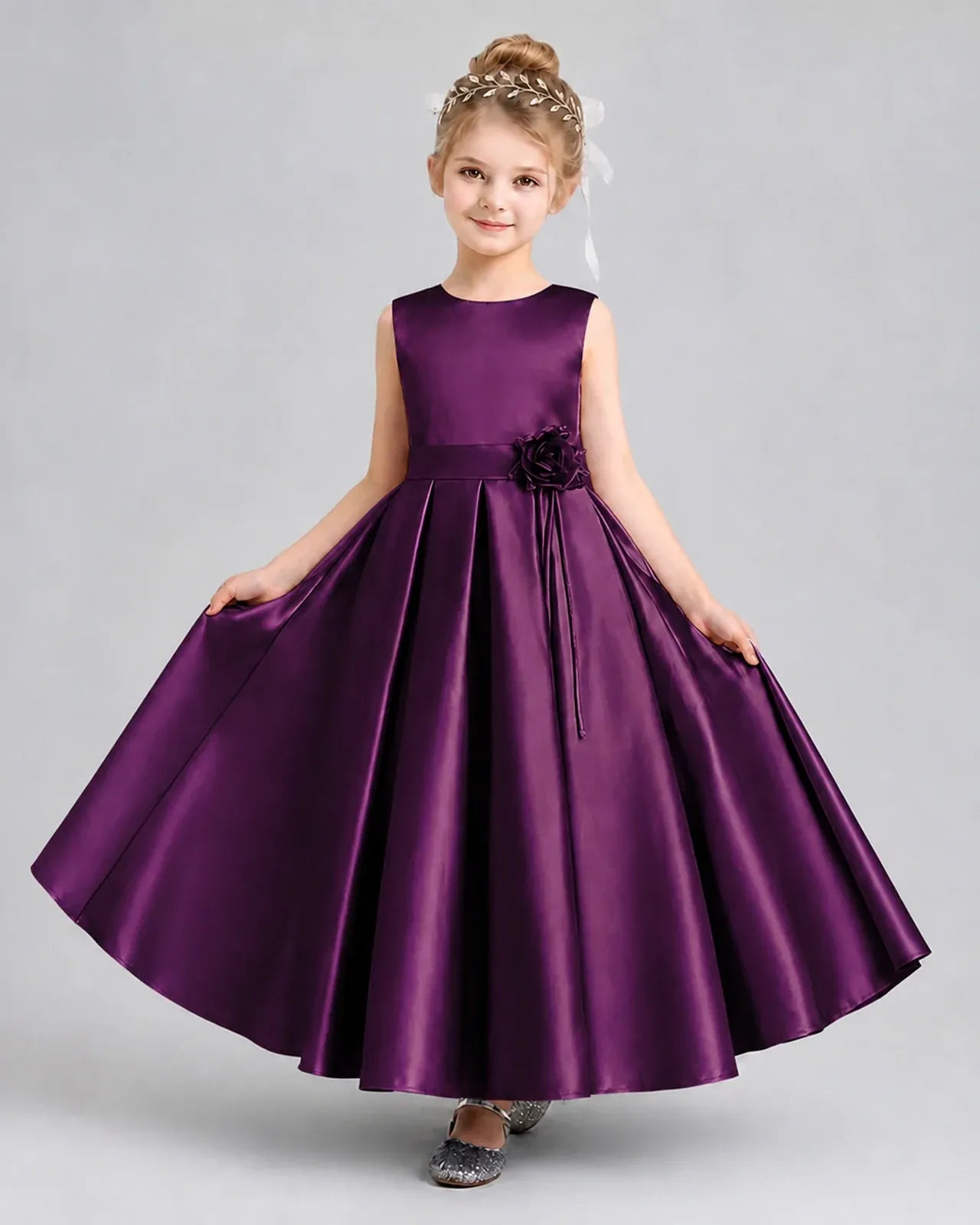 Grape Satin A-Line Girls Formal Dresses Front View