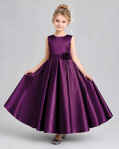 Grape Satin A-Line Girls Formal Dresses Front View