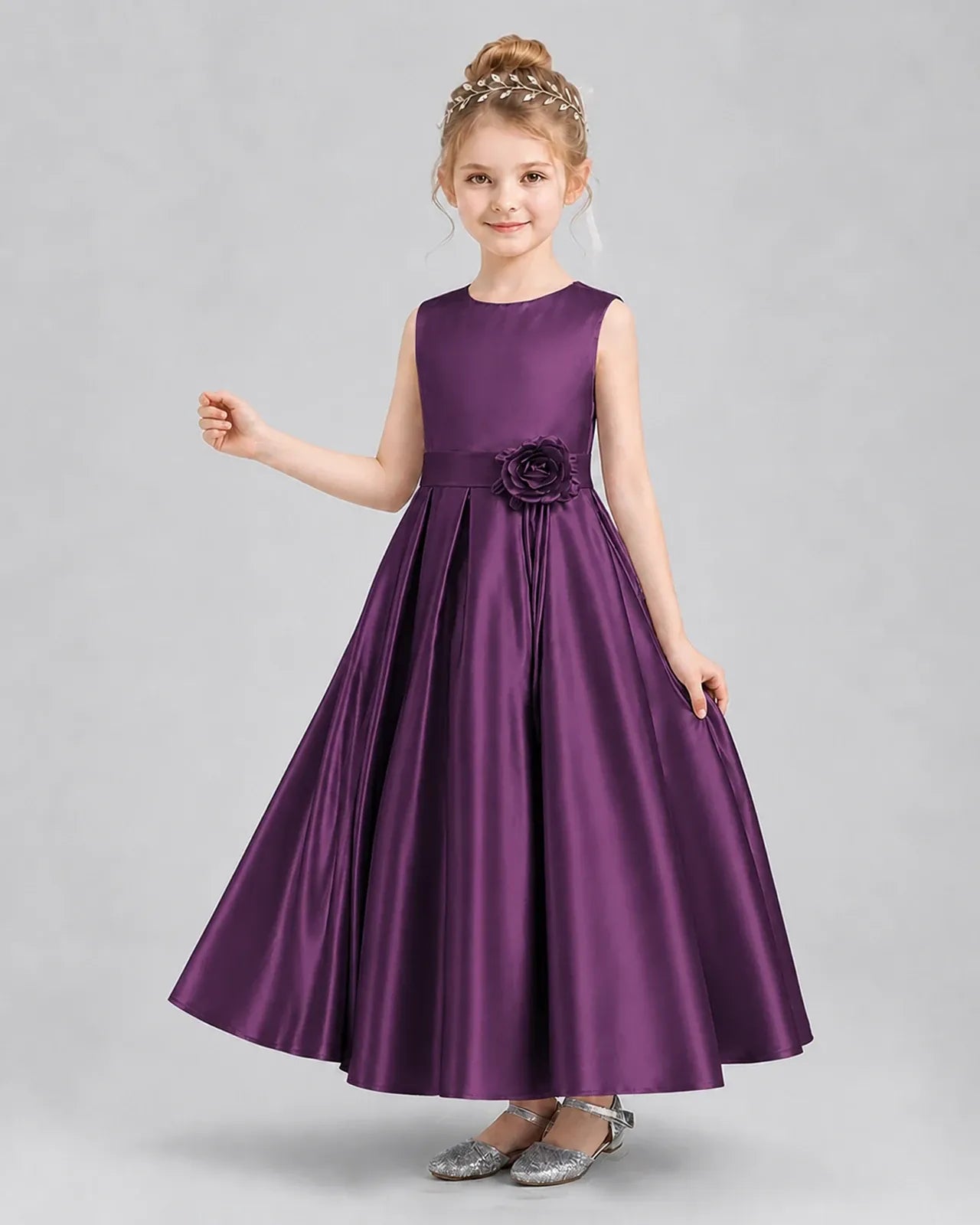 Grape Satin Pleated Girls Formal Dresses