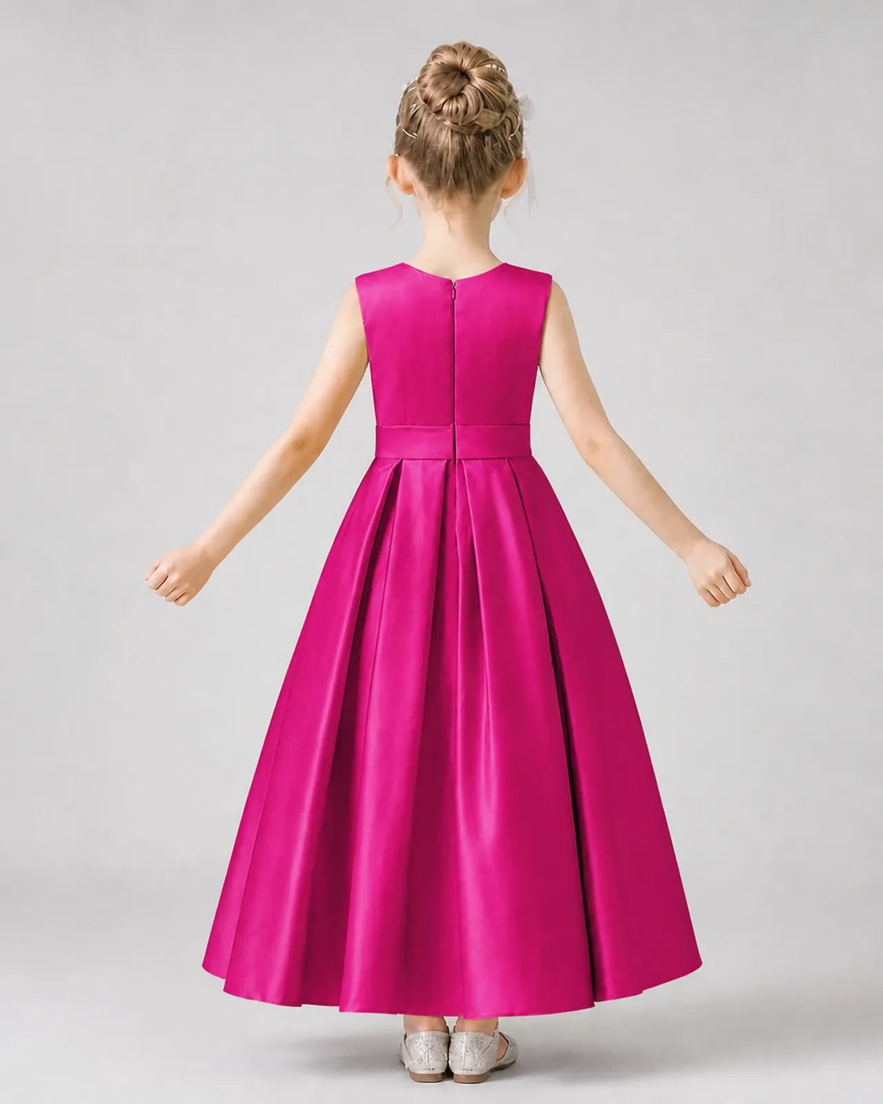 Hot Pink Satin Pleated Girls Formal Dresses Back View