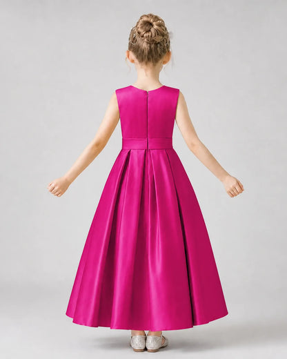 Hot Pink Satin Pleated Girls Formal Dresses Back View
