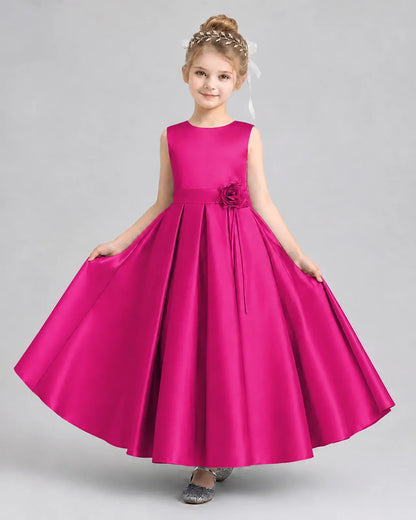 Hot Pink Satin Pleated A-Line Girls Formal Dresses Front View