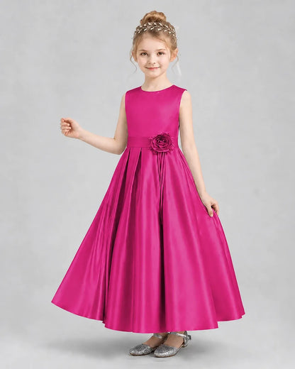 Hot Pink Satin Pleated A-Line Girls Formal Dresses
