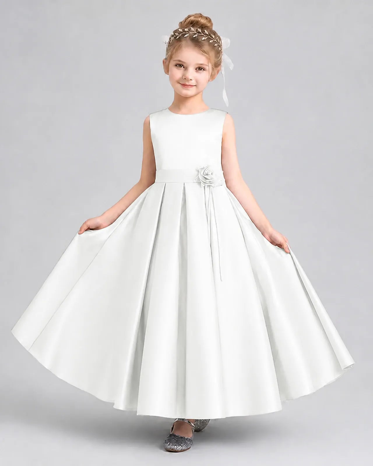 Ivory satin pleated A-line girls formal dress, Front View