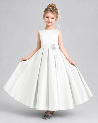 Ivory satin pleated A-line girls formal dress, Front View