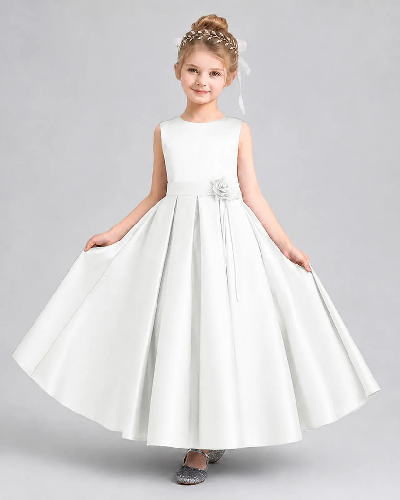 Ivory satin pleated A-line girls formal dress, Front View