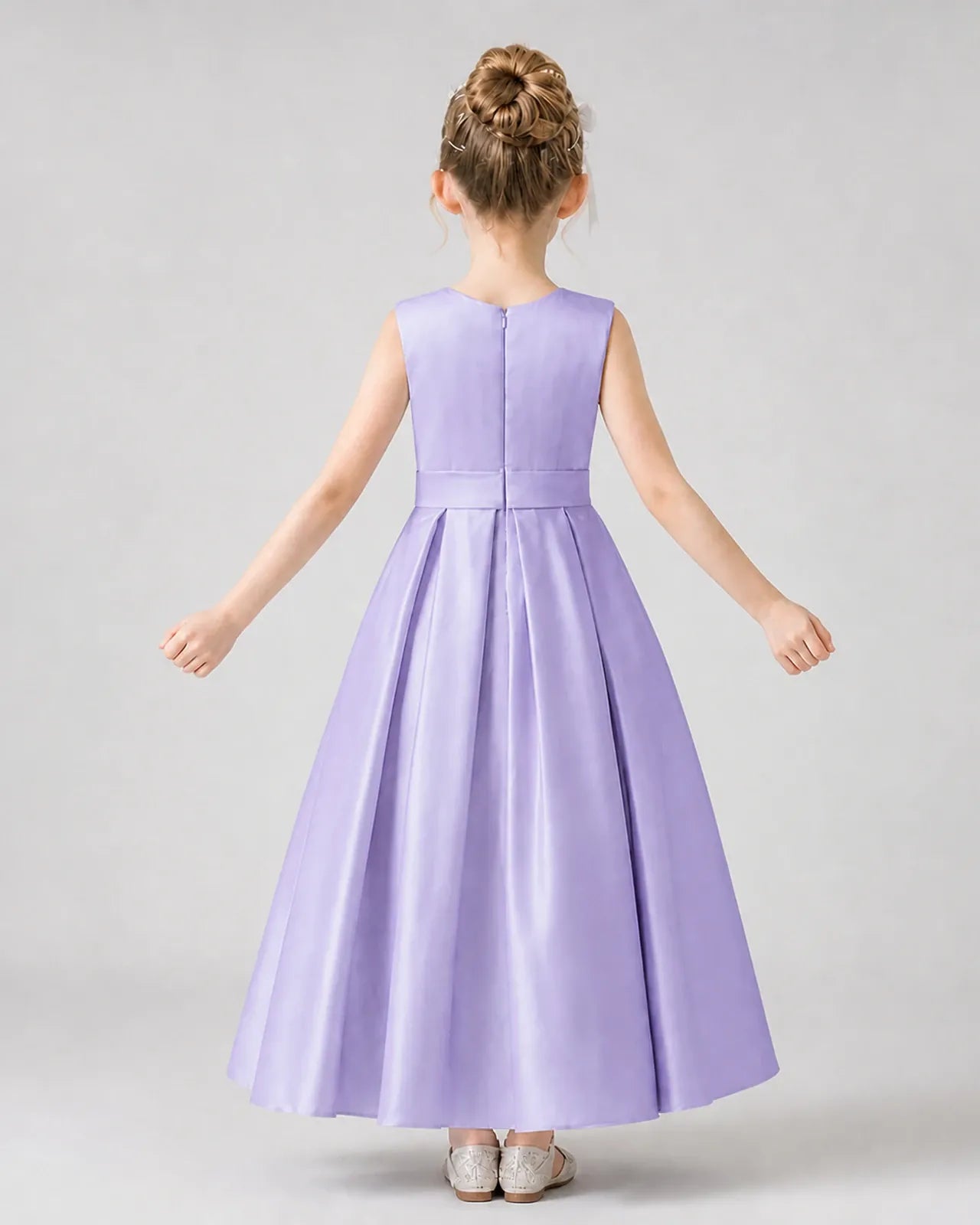Lavender Satin Pleated Girls Formal Dresses Back View