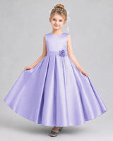 Lavender satin pleated A-line girls formal dress, front view.