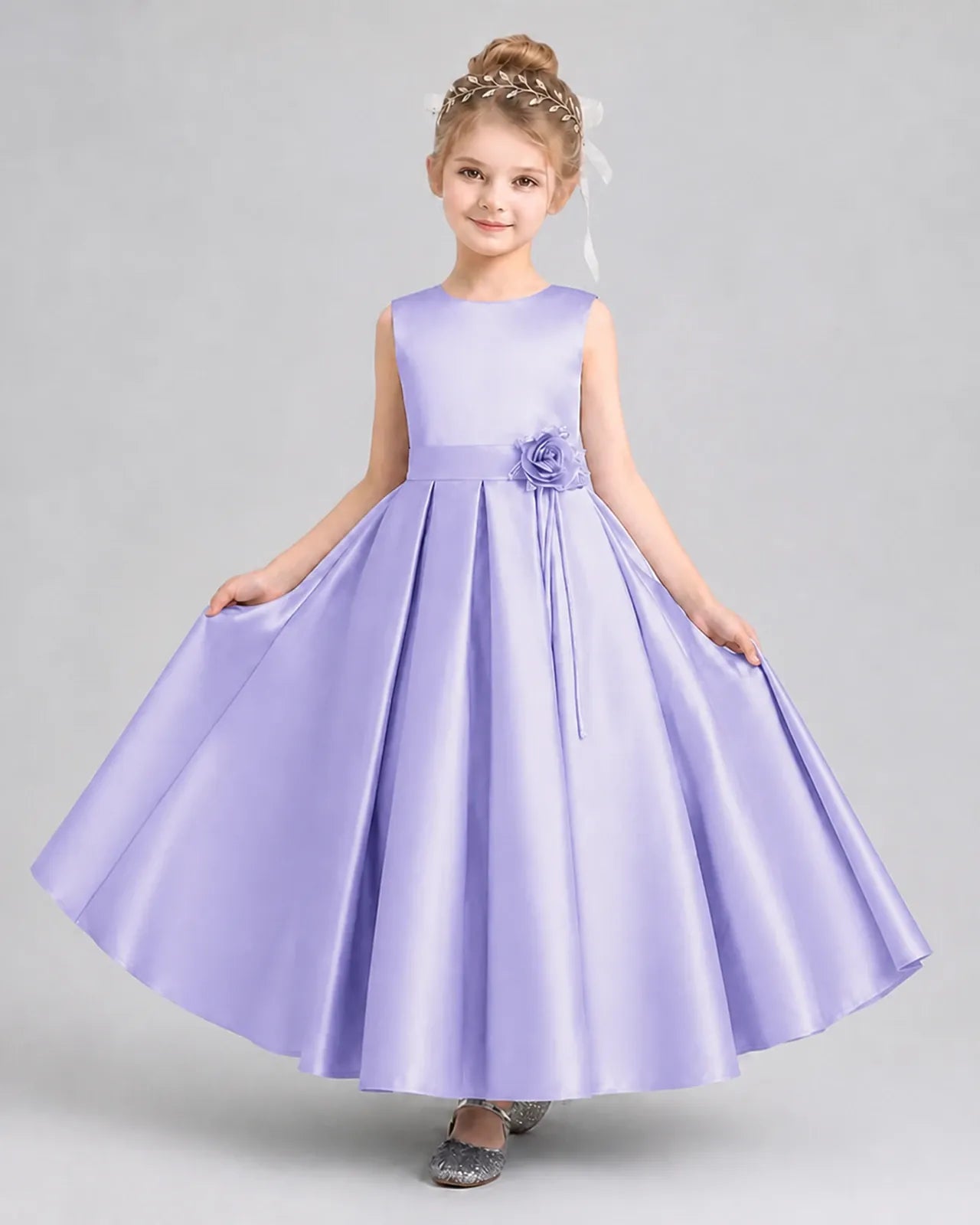 Lavender satin pleated A-line girls formal dress, front view.