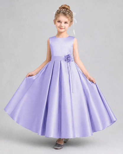 Lavender satin pleated A-line girls formal dress, front view.