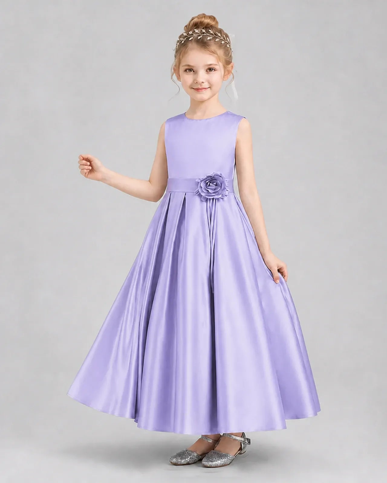 Lavender satin pleated flower waist girls formal dresses