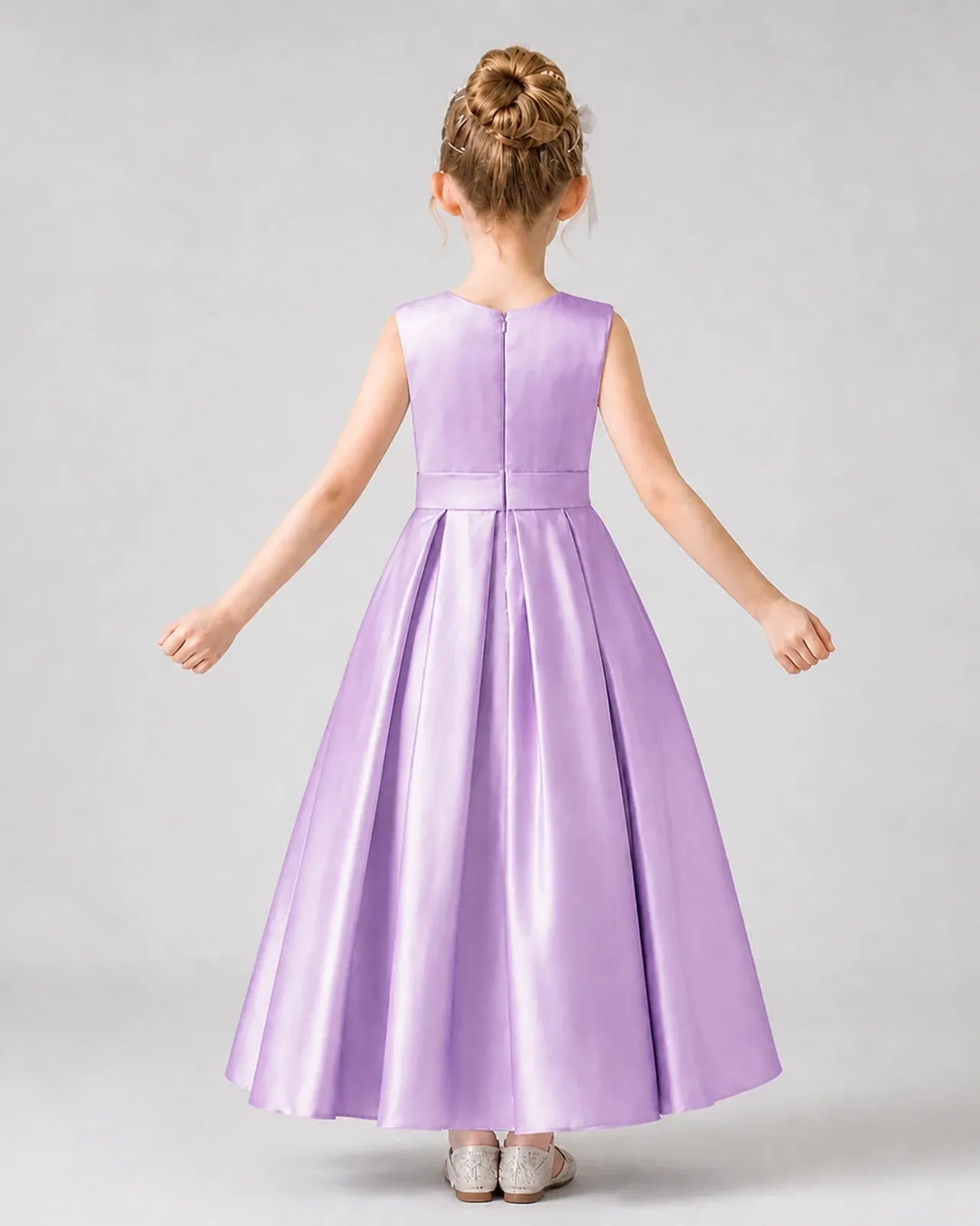 Lilac Satin Pleated Girls Formal Dresses Back View