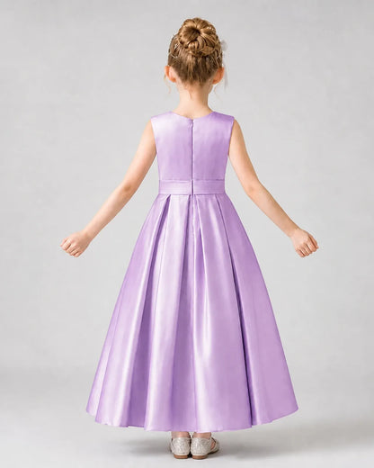 Lilac Satin Pleated Girls Formal Dresses Back View