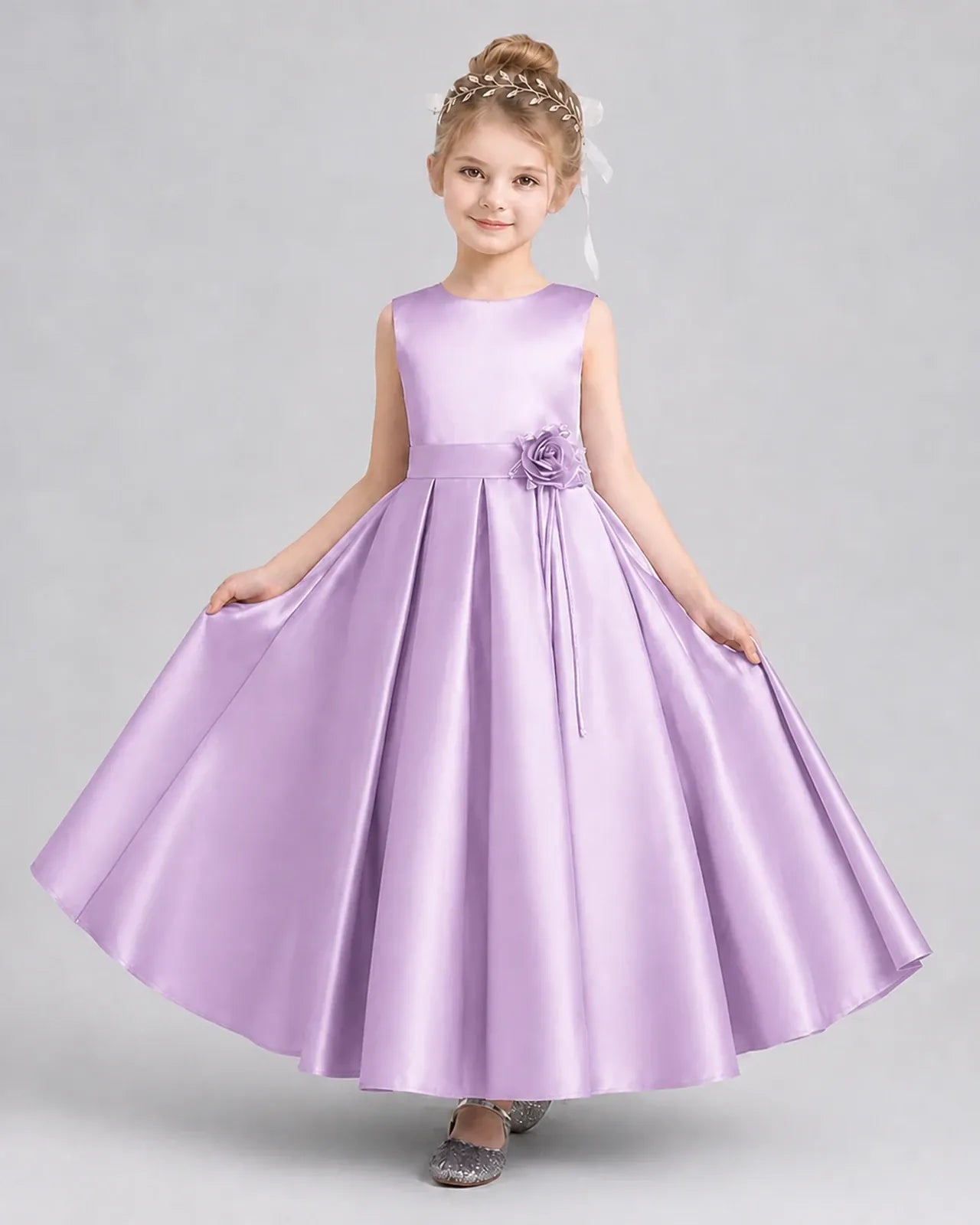 Lilac satin pleated A-line girls formal dresses Front View