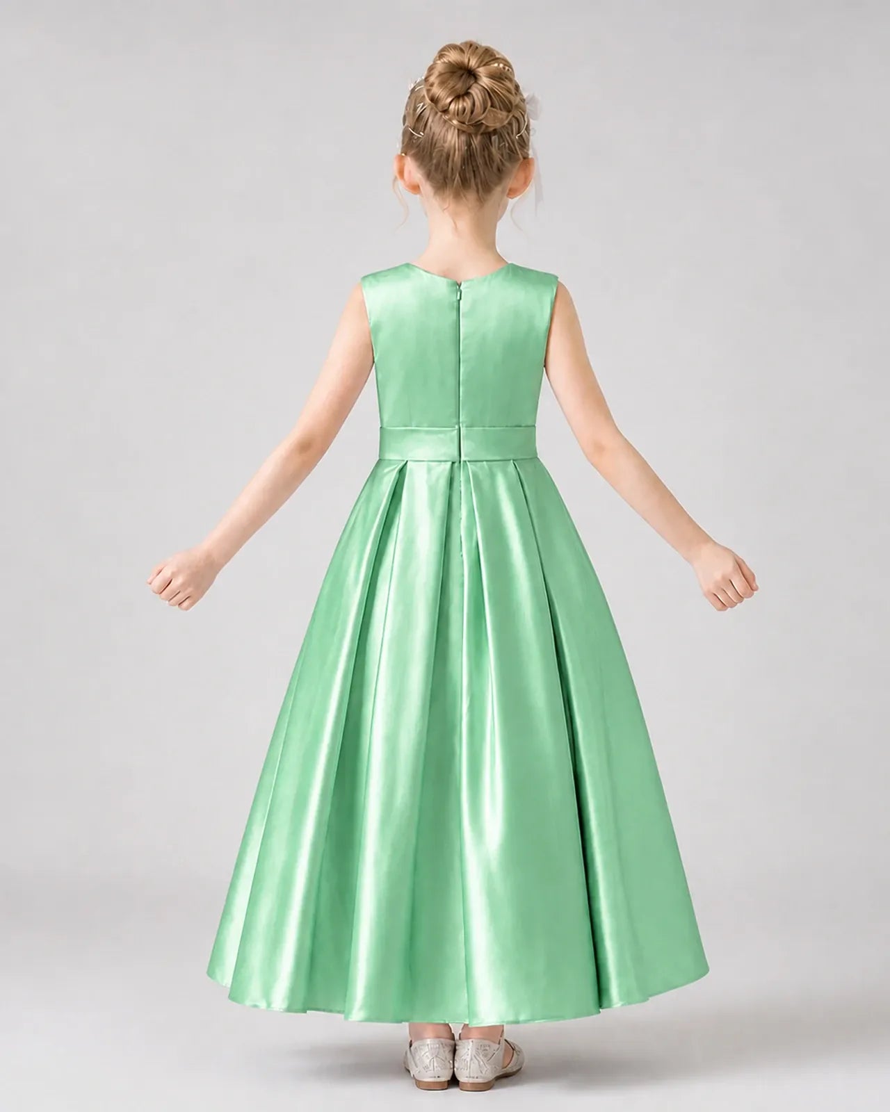 Mint Green Satin Pleated A-Line Girls Formal Dresses Back View