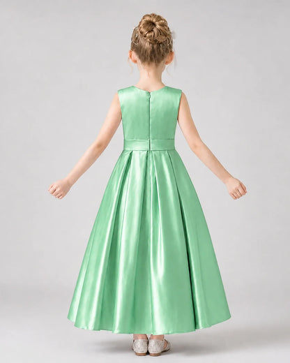 Mint Green Satin Pleated A-Line Girls Formal Dresses Back View