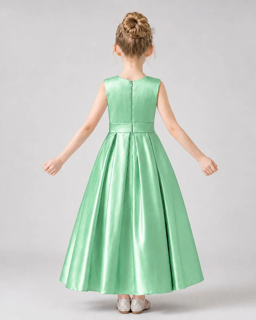 Mint Green Satin Pleated A-Line Girls Formal Dresses Back View