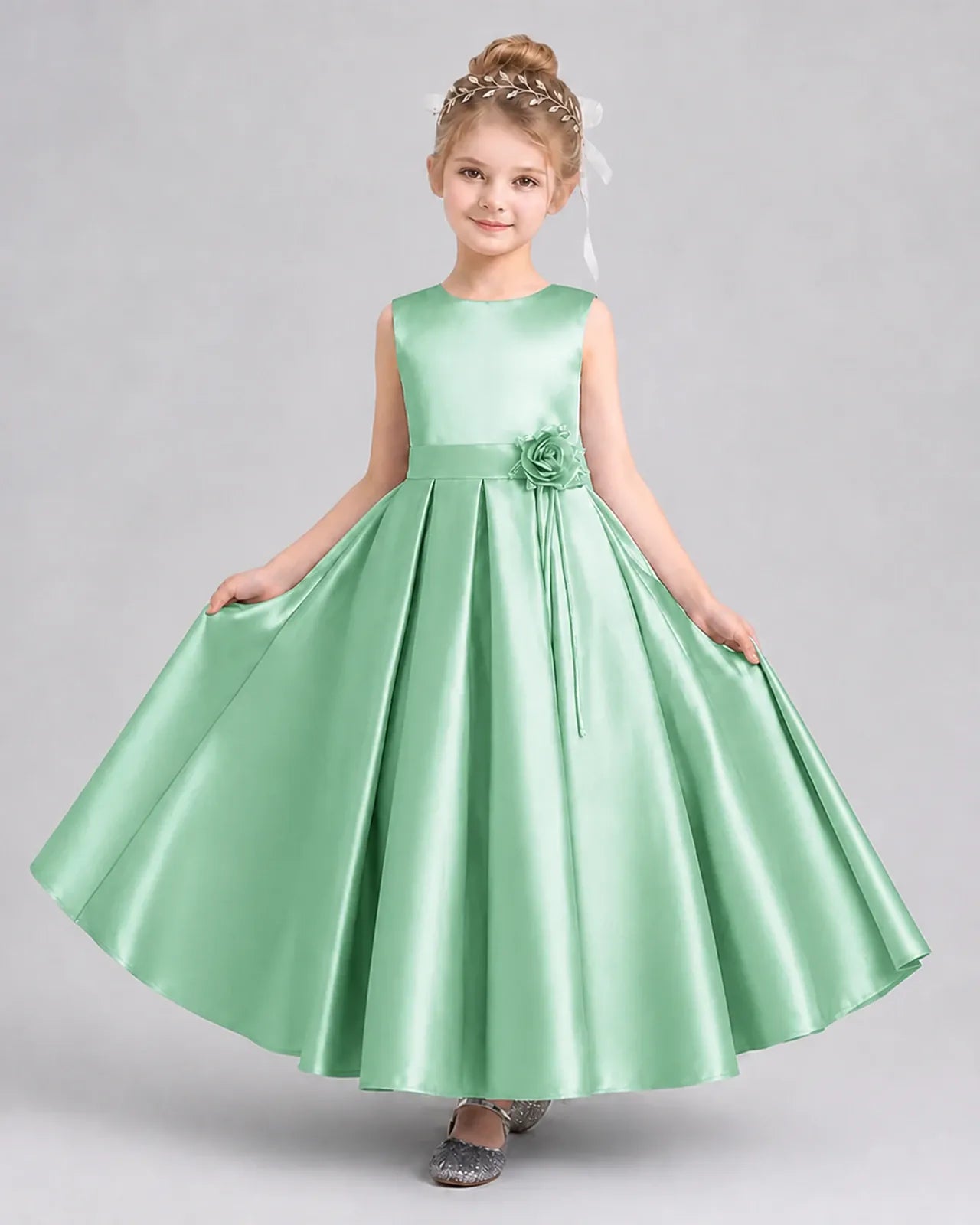 Mint Green Satin A-Line Girls Formal Dresses Front View