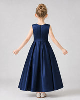 Navy Blue Satin A-Line Girls Formal Dresses Back View