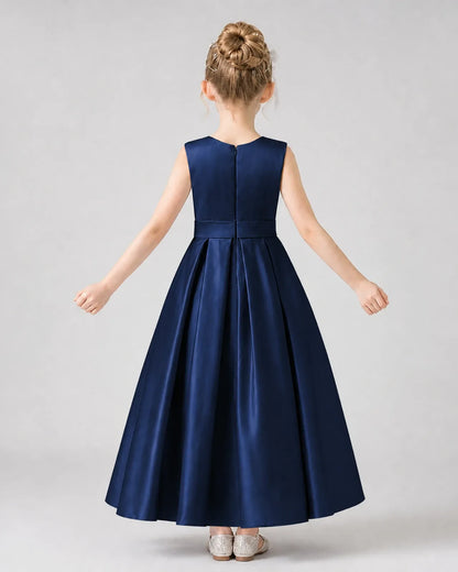 Navy Blue Satin A-Line Girls Formal Dresses Back View